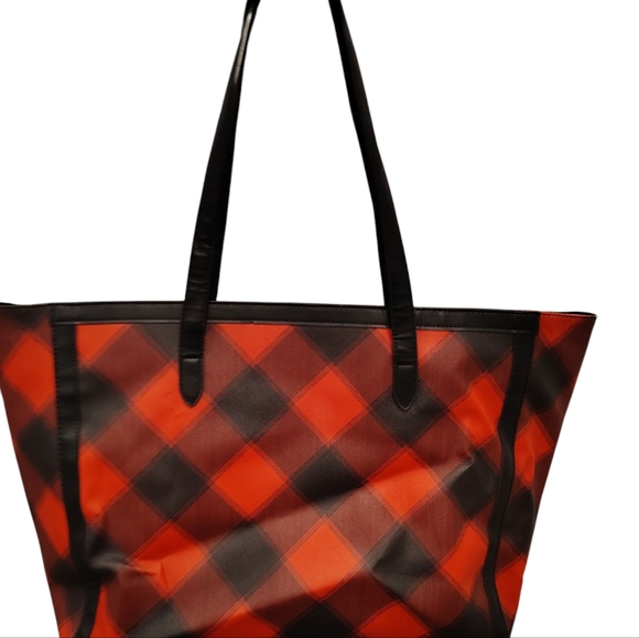 Victoria Secret vinyl tote bag red black buffalo plaid lined large checked EUC - Picture 2 of 4